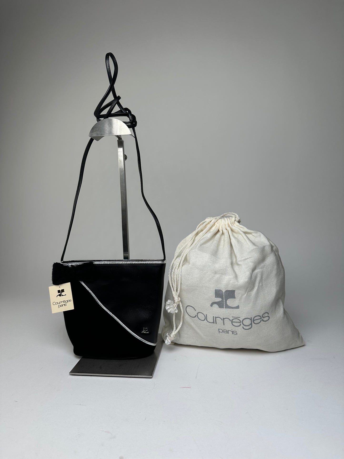 Vintage Courrèges Leather Velvet Crossbody Bag Black Silver New with Tag
