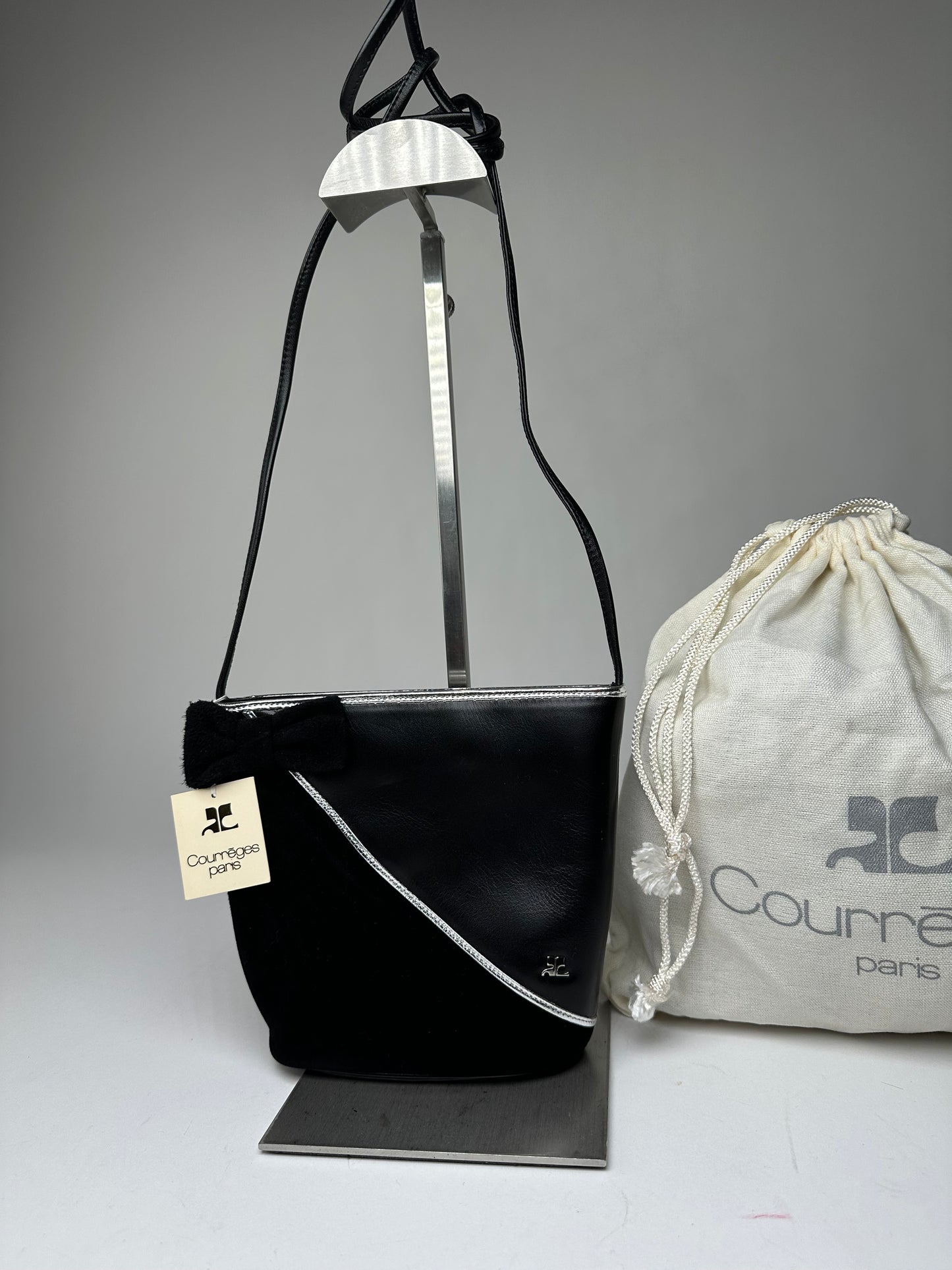 Vintage Courrèges Leather Velvet Crossbody Bag Black Silver New with Tag