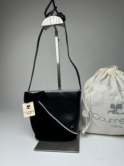 Vintage Courrèges Leather Velvet Crossbody Bag Black Silver New with Tag