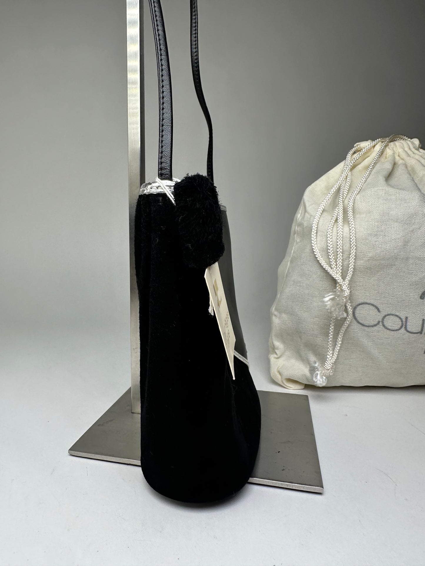 Vintage Courrèges Leather Velvet Crossbody Bag Black Silver New with Tag