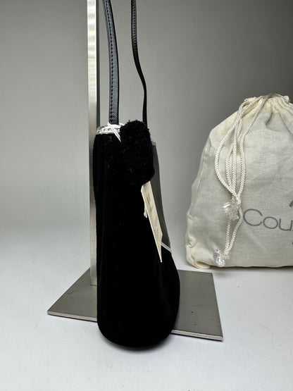 Vintage Courrèges Leather Velvet Crossbody Bag Black Silver New with Tag