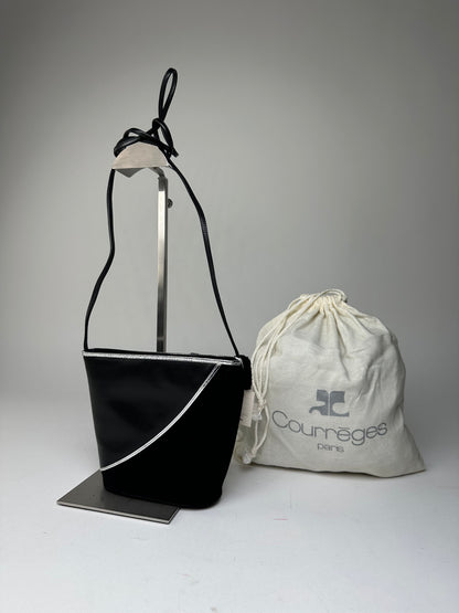 Vintage Courrèges Leather Velvet Crossbody Bag Black Silver New with Tag
