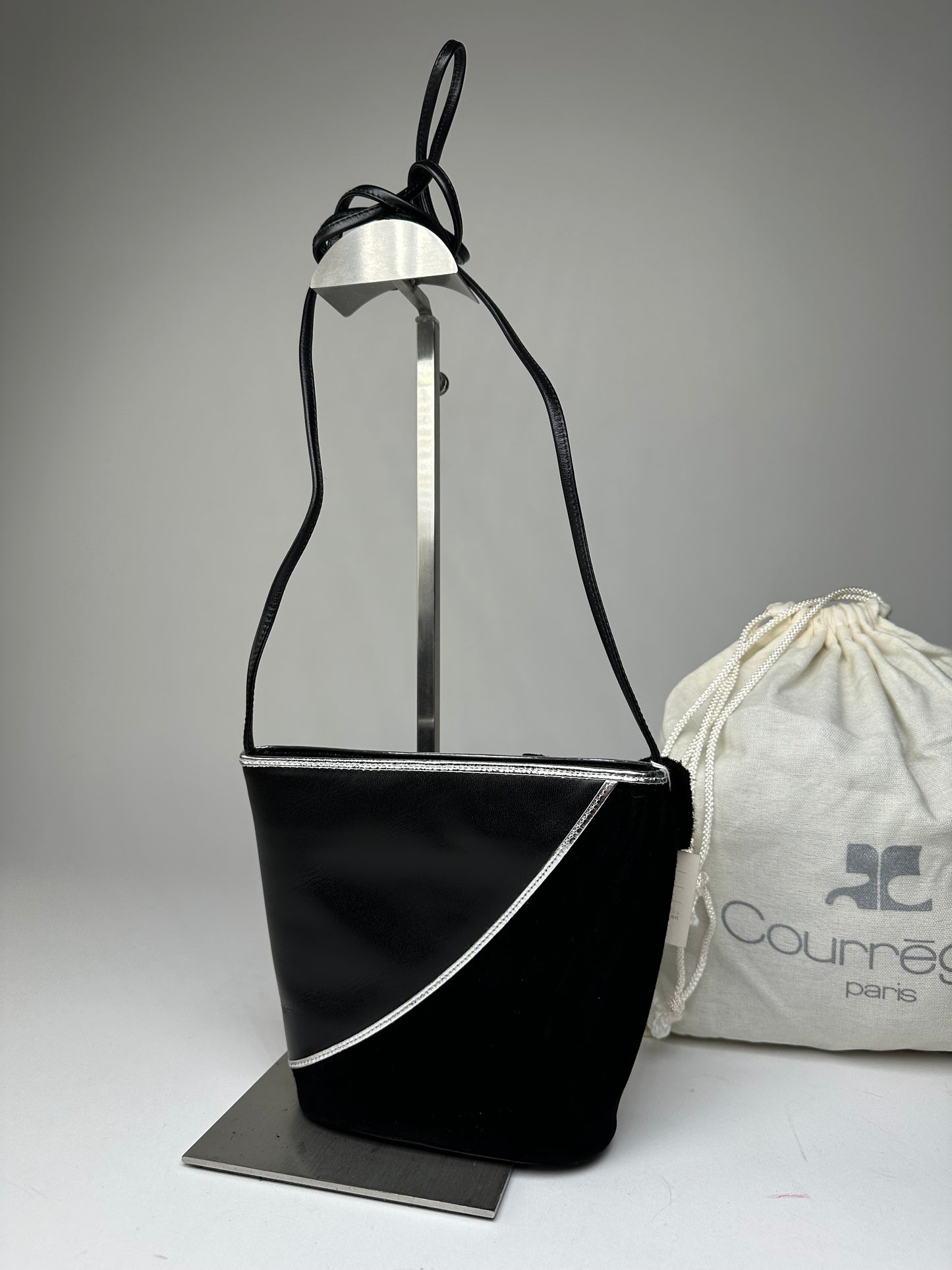 Vintage Courrèges Leather Velvet Crossbody Bag Black Silver New with Tag