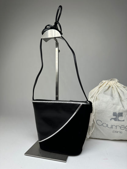 Vintage Courrèges Leather Velvet Crossbody Bag Black Silver New with Tag