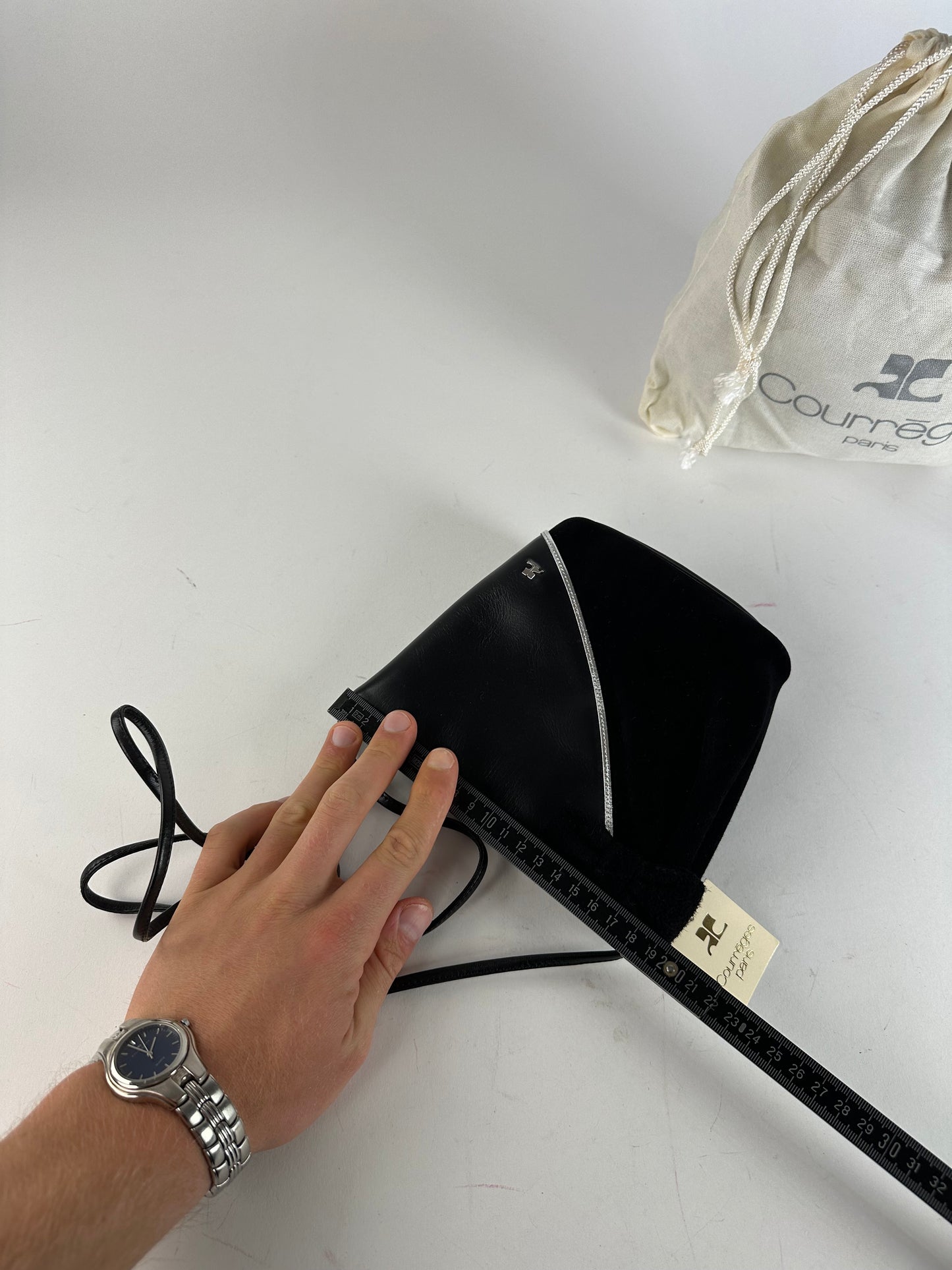 Vintage Courrèges Leather Velvet Crossbody Bag Black Silver New with Tag