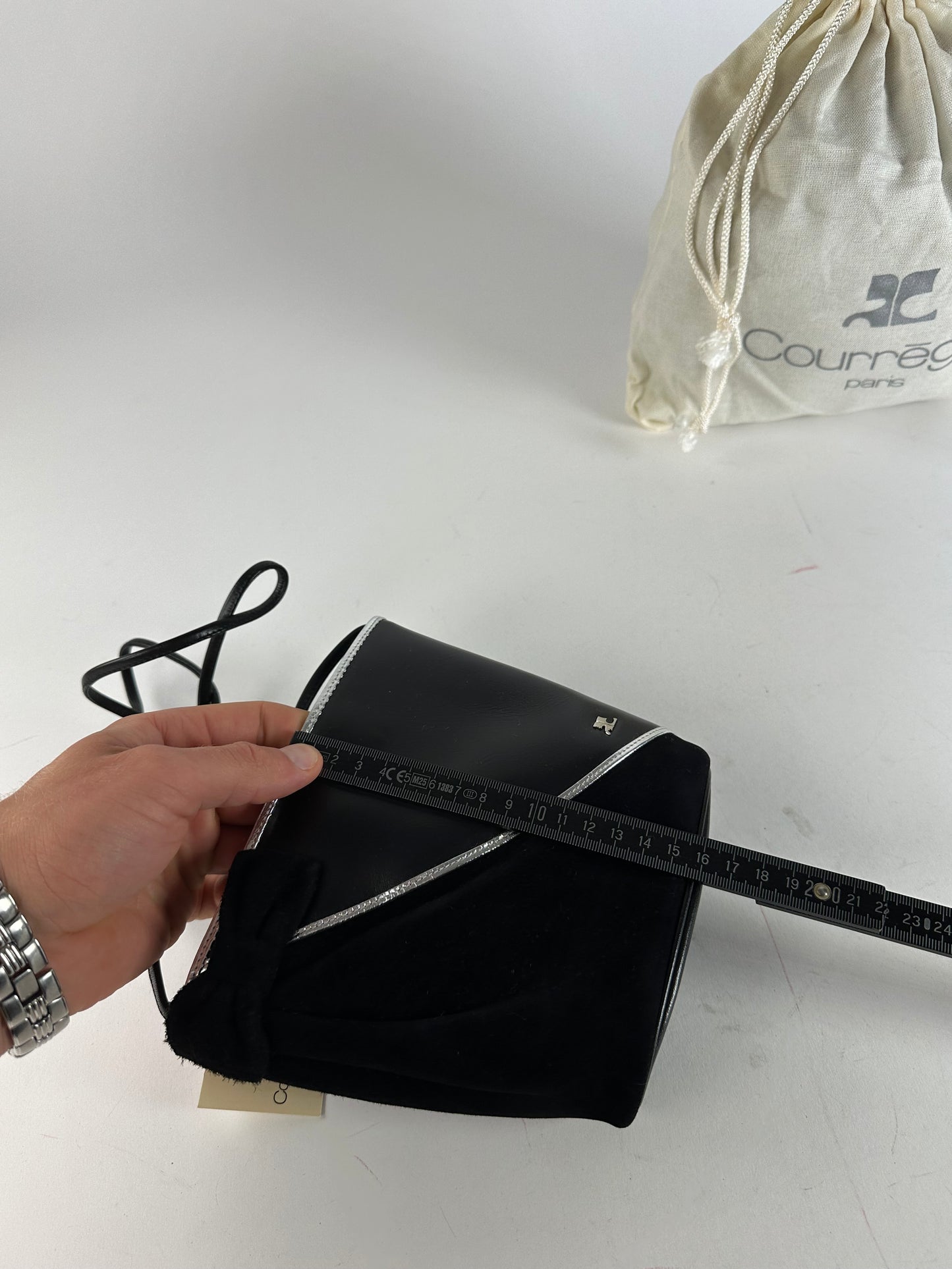 Vintage Courrèges Leather Velvet Crossbody Bag Black Silver New with Tag