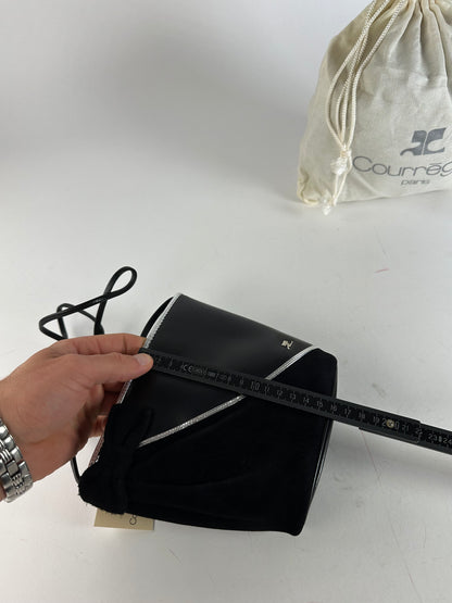 Vintage Courrèges Leather Velvet Crossbody Bag Black Silver New with Tag