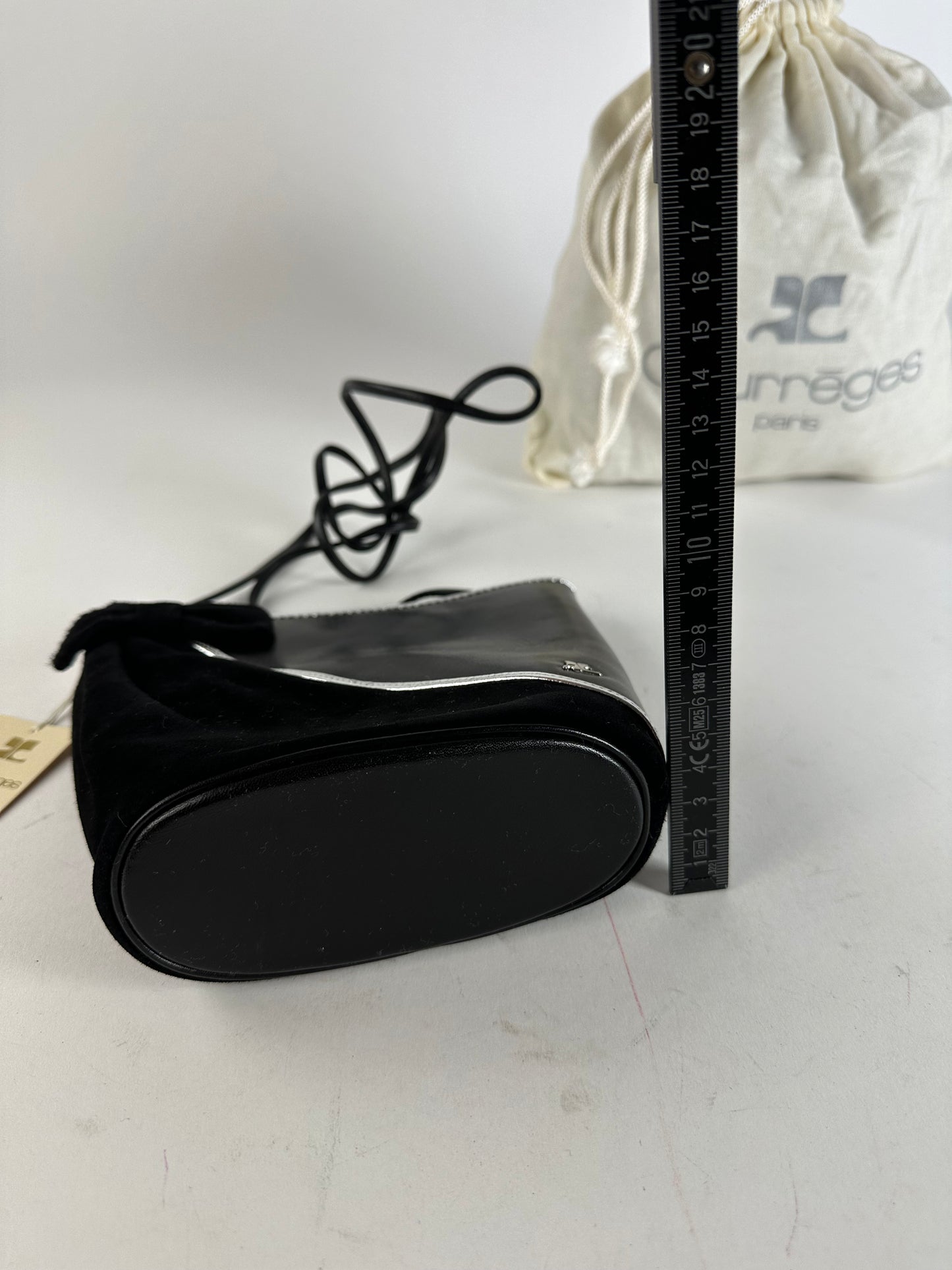 Vintage Courrèges Leather Velvet Crossbody Bag Black Silver New with Tag