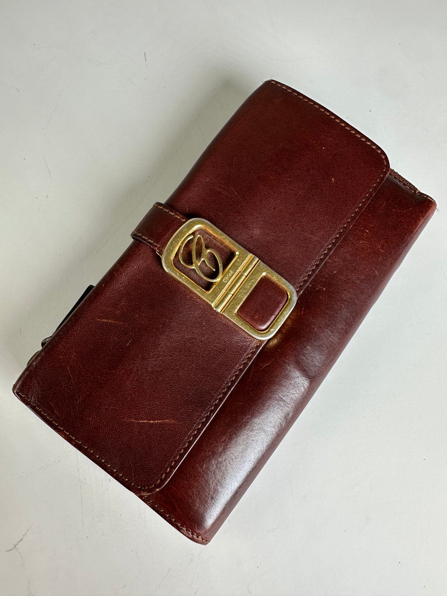 Vintage Chloe Leather Wallet Dark Brown Gold