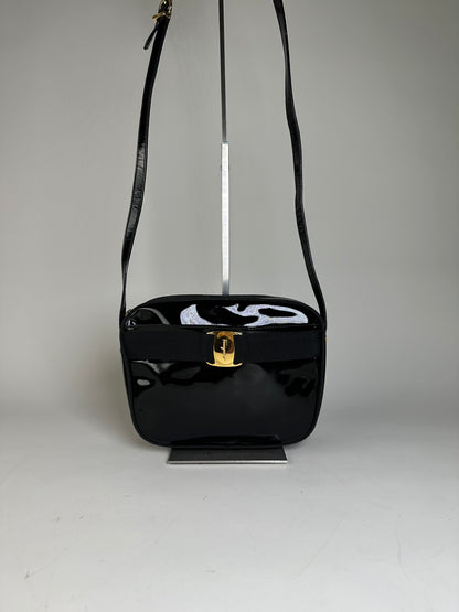 Vintage Ferragamo Patent Leather Shoulder Bag Black Gold