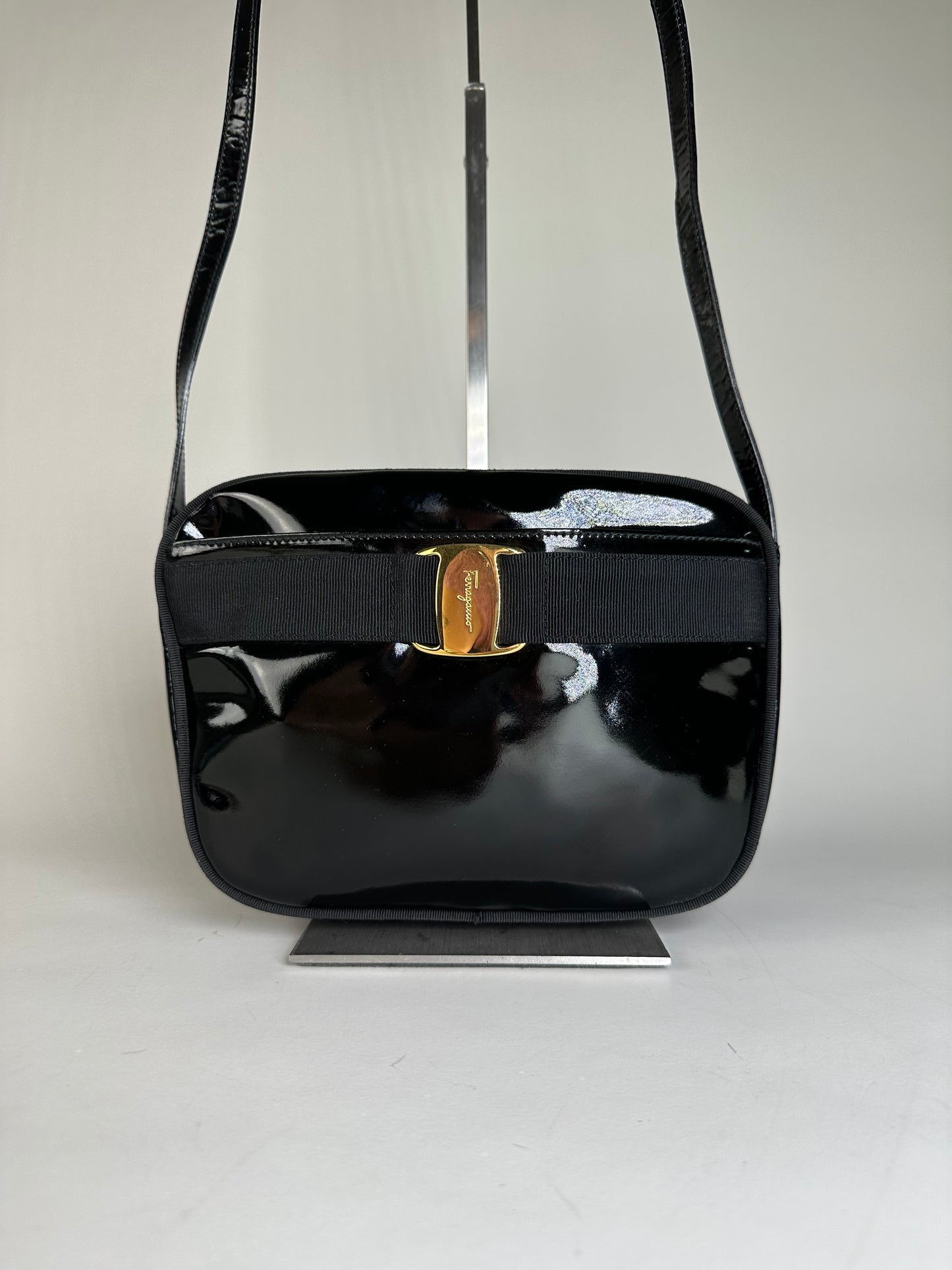 Vintage Ferragamo Patent Leather Shoulder Bag Black Gold