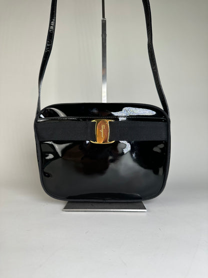 Vintage Ferragamo Patent Leather Shoulder Bag Black Gold
