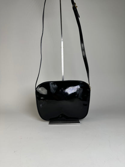 Vintage Ferragamo Patent Leather Shoulder Bag Black Gold