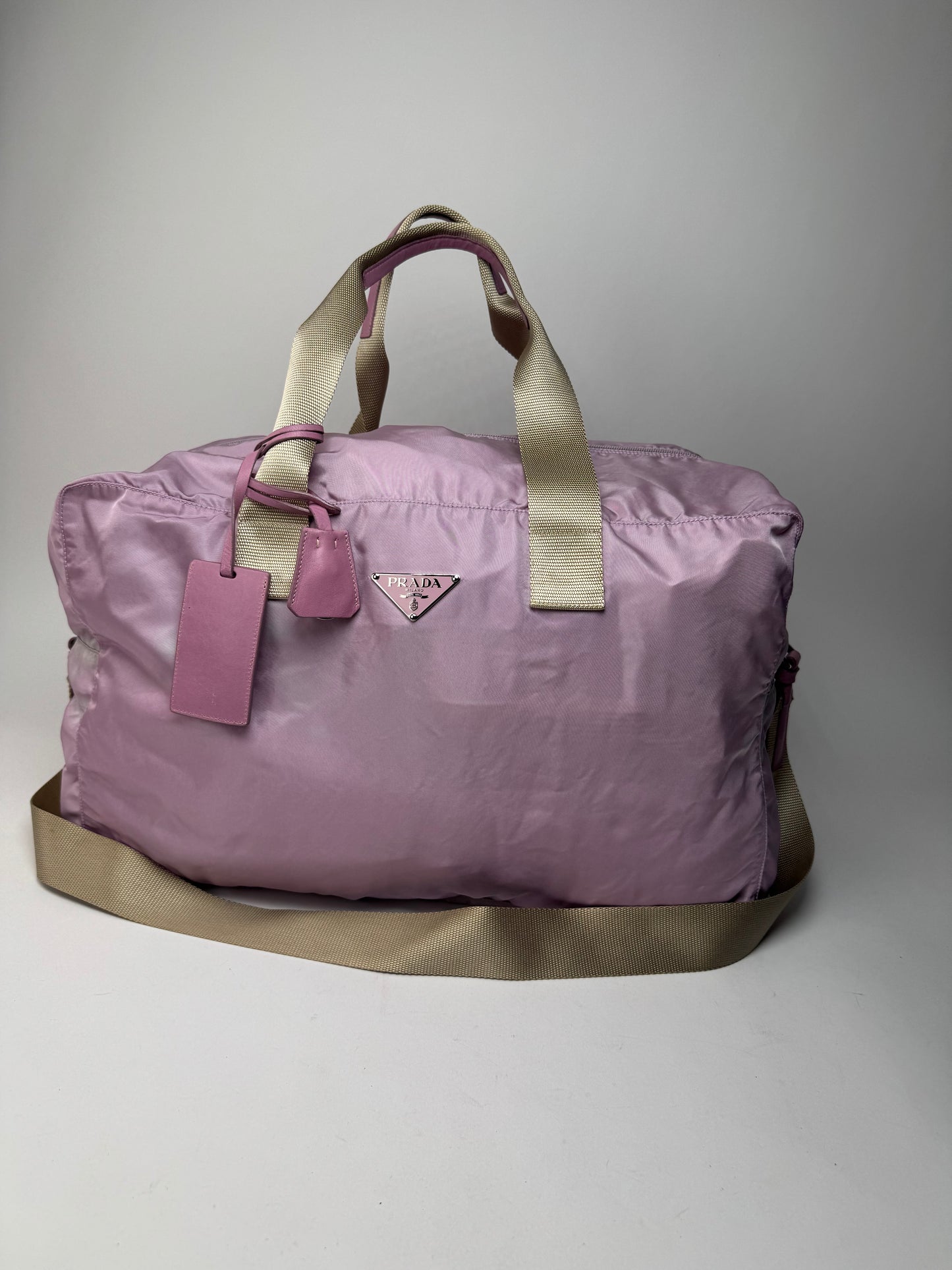 Vintage Prada 2Way Polyester Weekender / Travel Bag Purple beige
