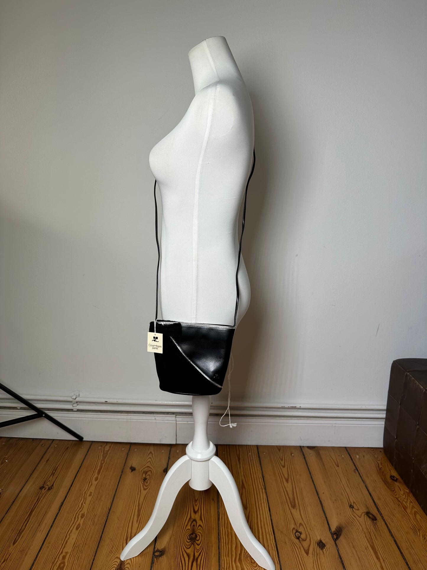 Vintage Courrèges Leather Velvet Crossbody Bag Black Silver New with Tag