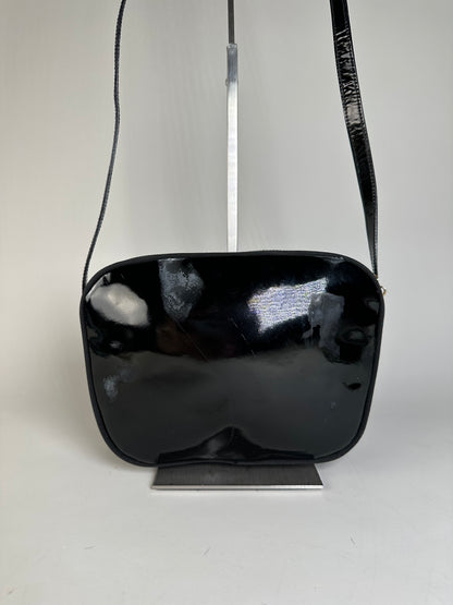 Vintage Ferragamo Patent Leather Shoulder Bag Black Gold