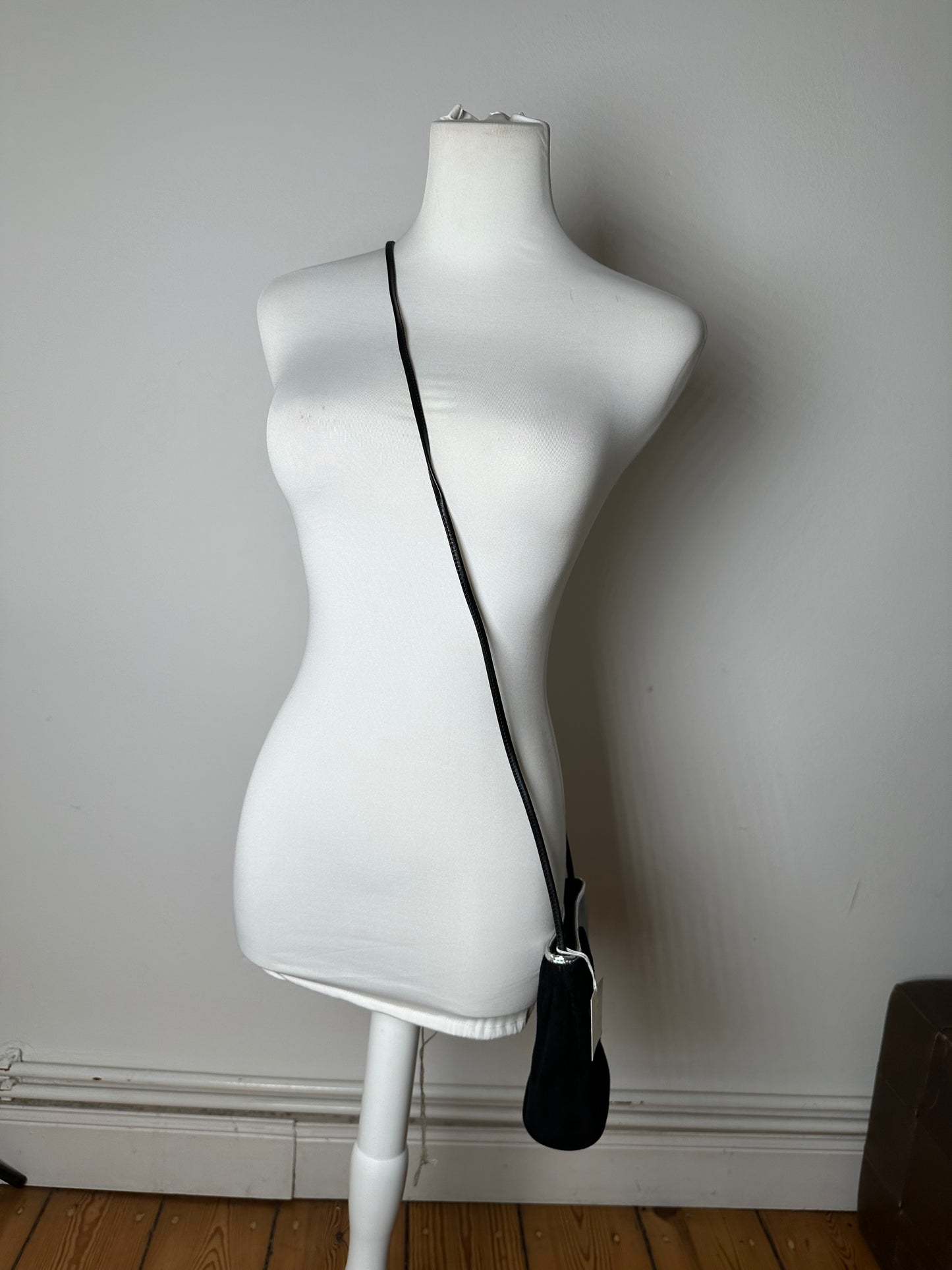 Vintage Courrèges Leather Velvet Crossbody Bag Black Silver New with Tag