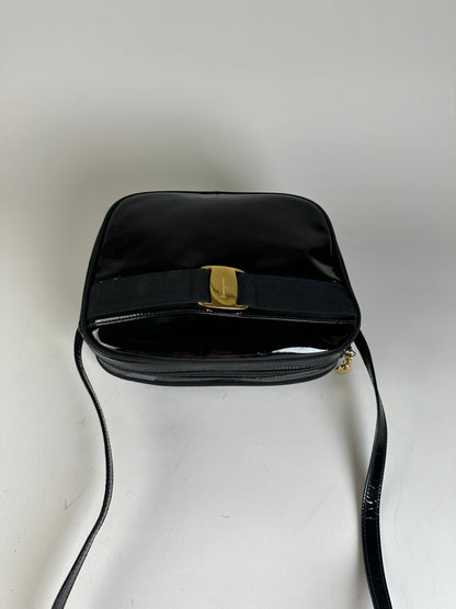 Vintage Ferragamo Patent Leather Shoulder Bag Black Gold