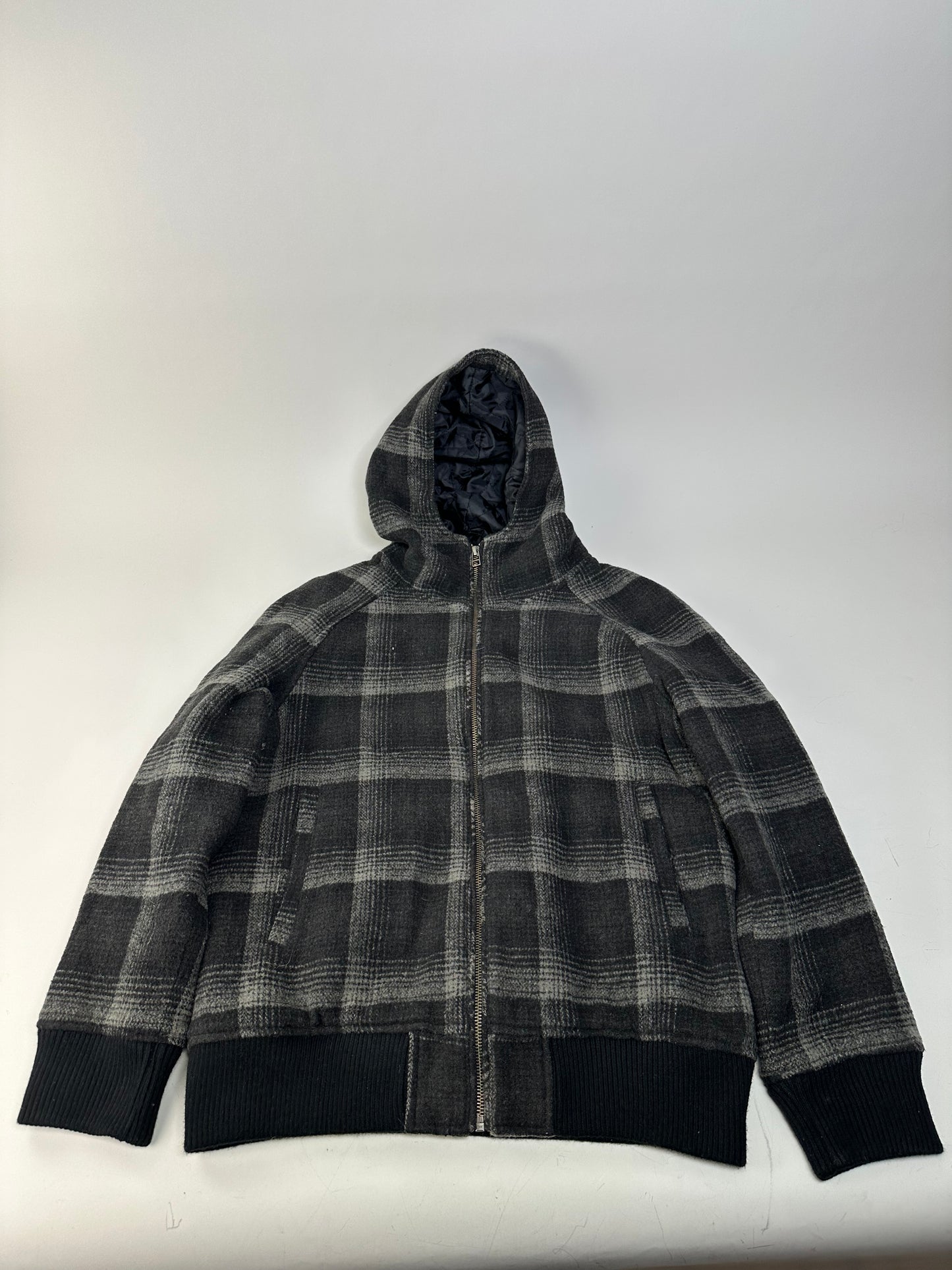 Vintage Kansai Yamamoto Plaid Wool Hooded Jacket Black Grey M