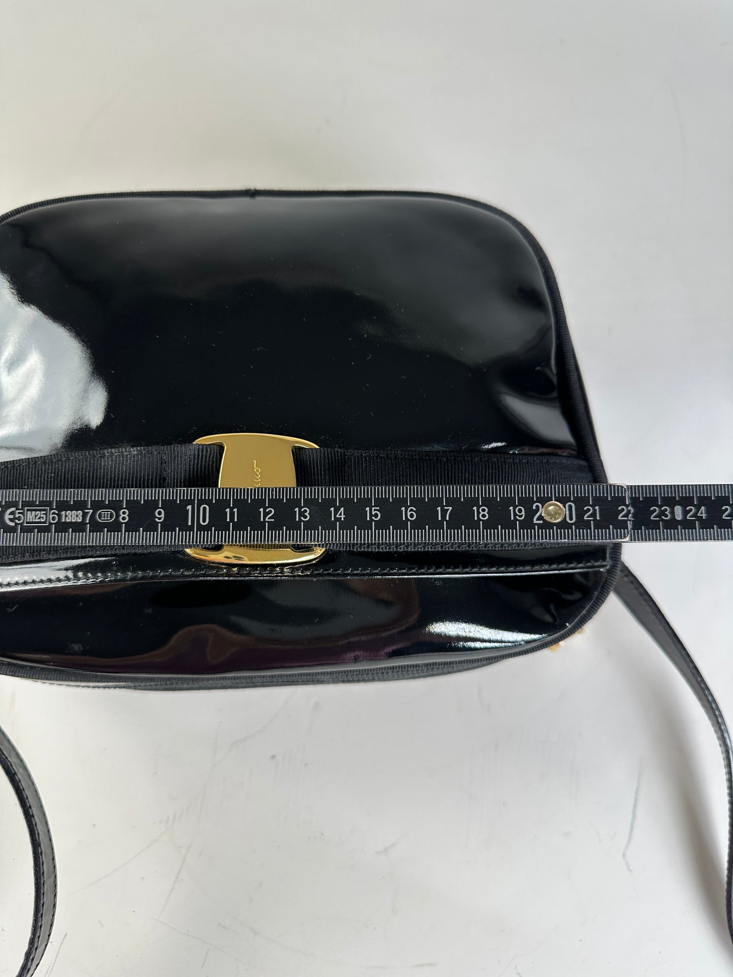 Vintage Ferragamo Patent Leather Shoulder Bag Black Gold