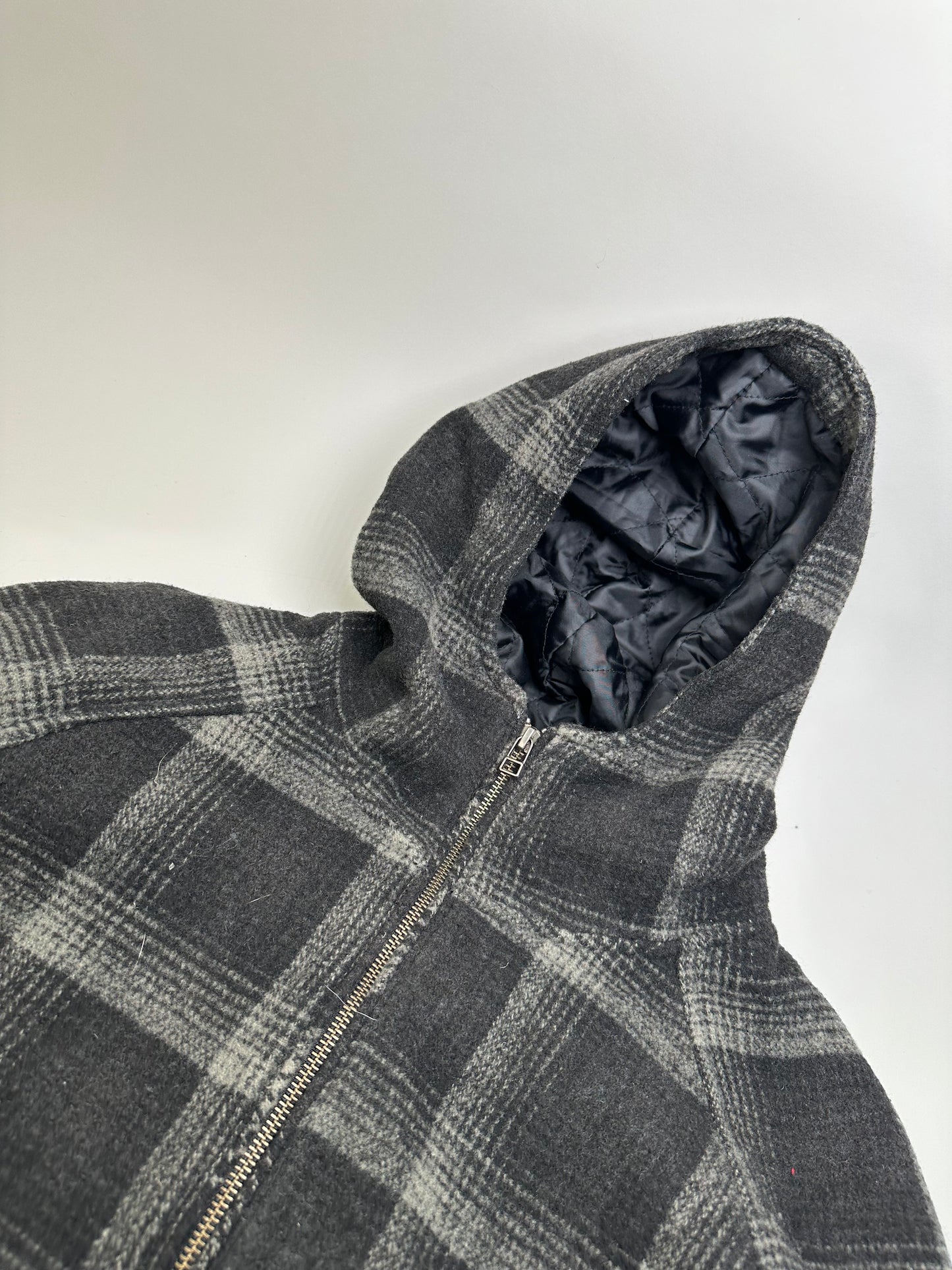 Vintage Kansai Yamamoto Plaid Wool Hooded Jacket Black Grey M