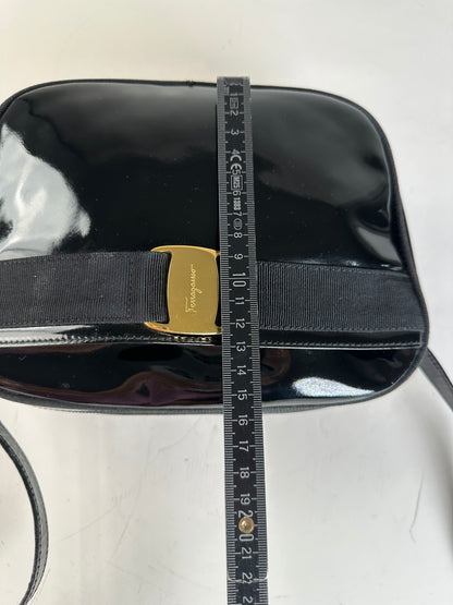 Vintage Ferragamo Patent Leather Shoulder Bag Black Gold