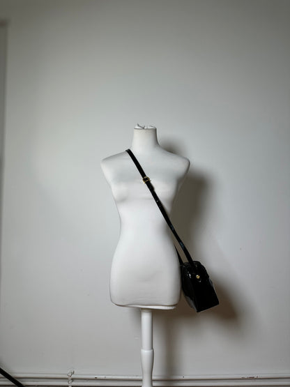 Vintage Ferragamo Patent Leather Shoulder Bag Black Gold