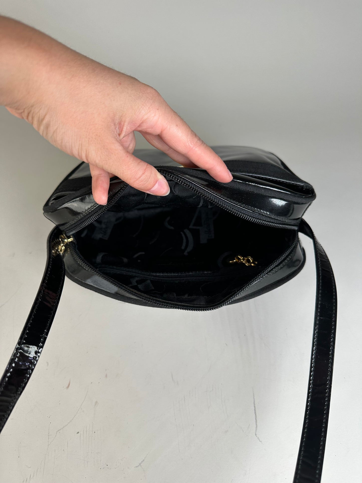 Vintage Ferragamo Patent Leather Shoulder Bag Black Gold
