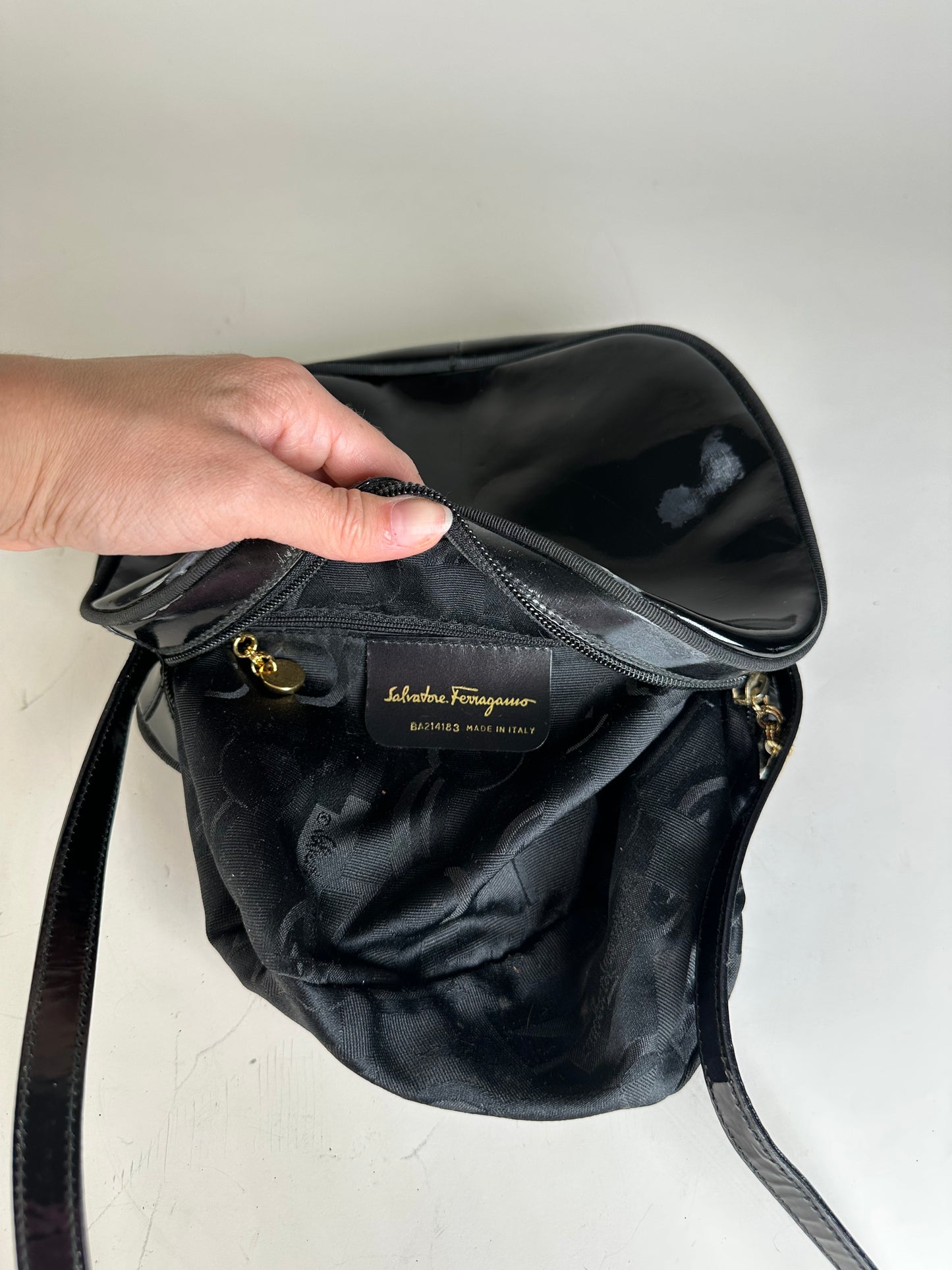 Vintage Ferragamo Patent Leather Shoulder Bag Black Gold