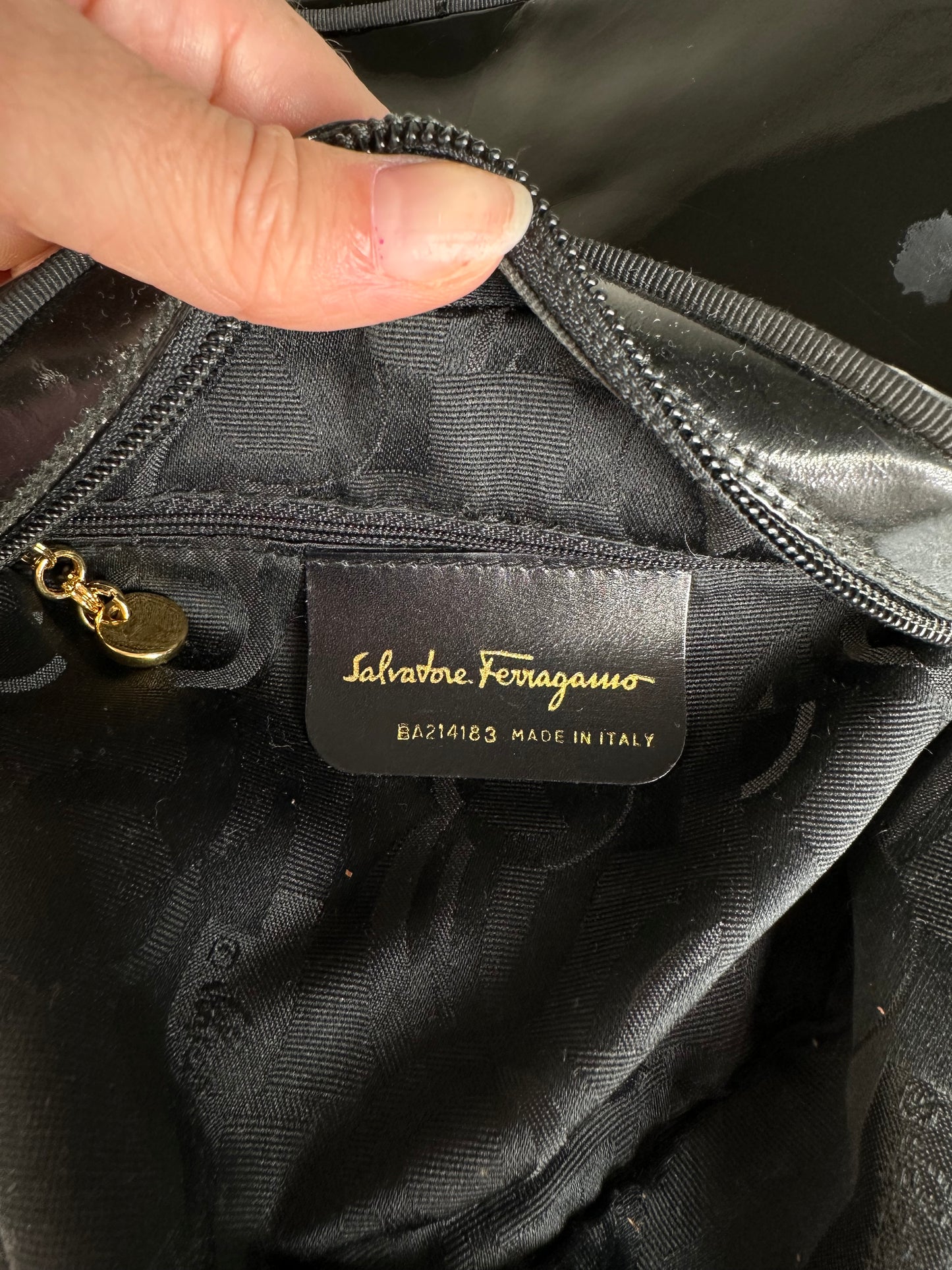 Vintage Ferragamo Patent Leather Shoulder Bag Black Gold