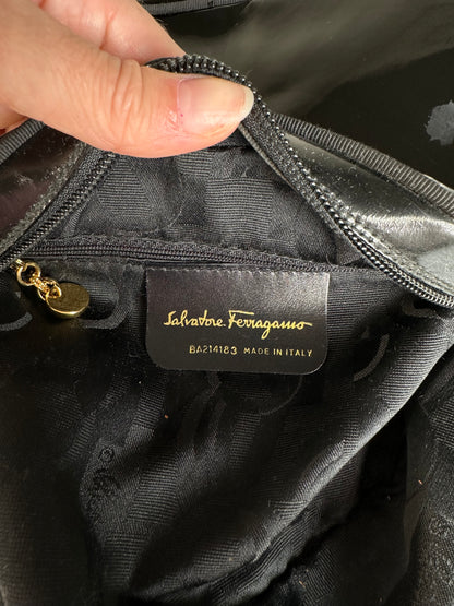 Vintage Ferragamo Patent Leather Shoulder Bag Black Gold