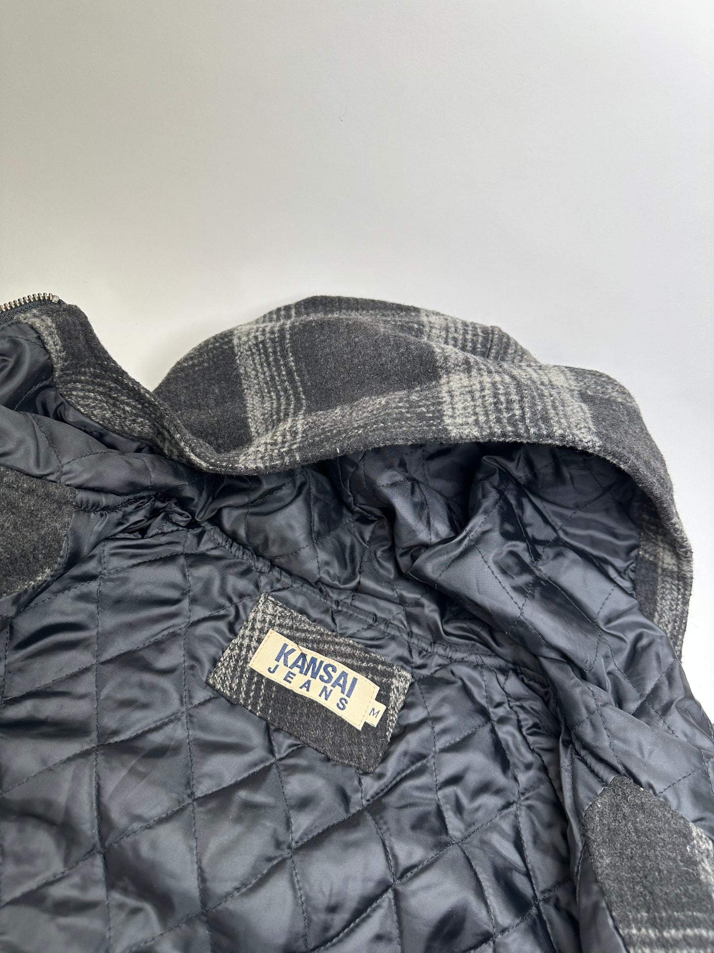 Vintage Kansai Yamamoto Plaid Wool Hooded Jacket Black Grey M