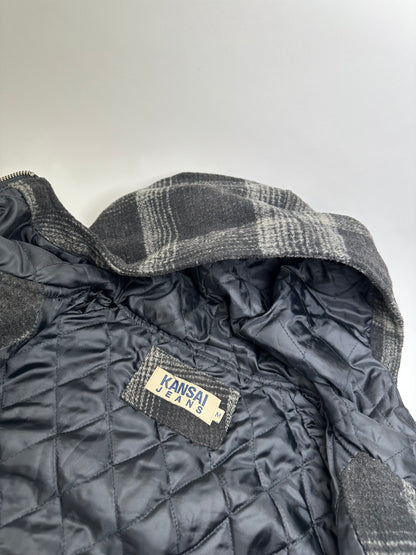 Vintage Kansai Yamamoto Plaid Wool Hooded Jacket Black Grey M