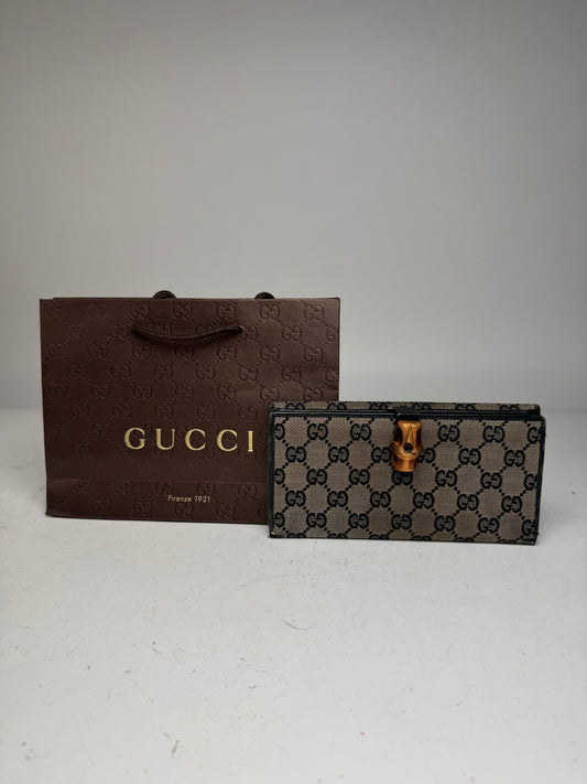 Vintage Gucci Monogram Leather Bamboo Wallet Grey Black