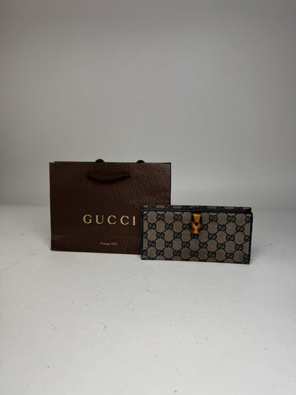 Vintage Gucci Monogram Leather Bamboo Wallet Grey Black