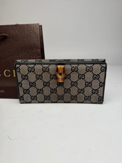 Vintage Gucci Monogram Leather Bamboo Wallet Grey Black