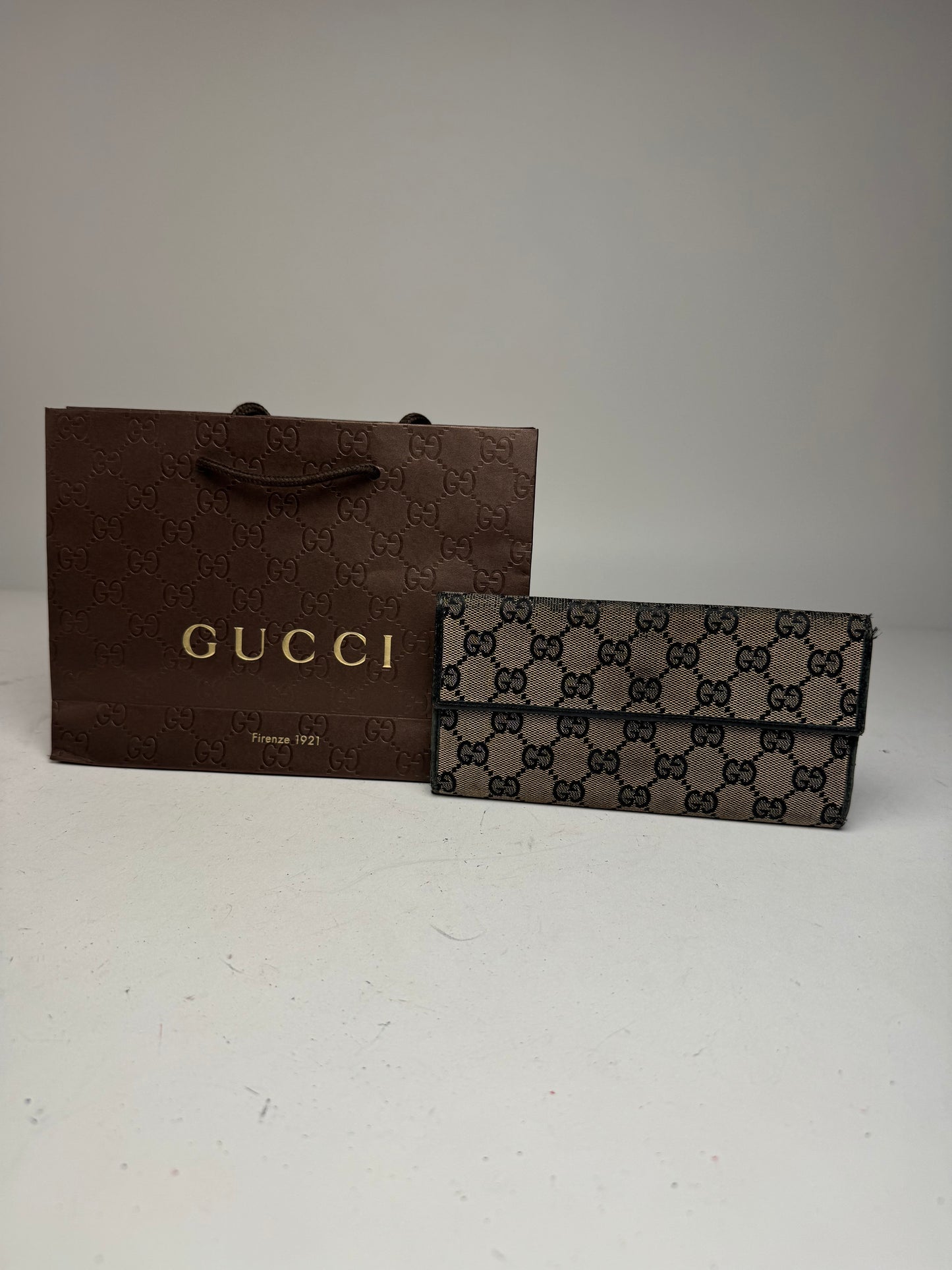 Vintage Gucci Monogram Leather Bamboo Wallet Grey Black