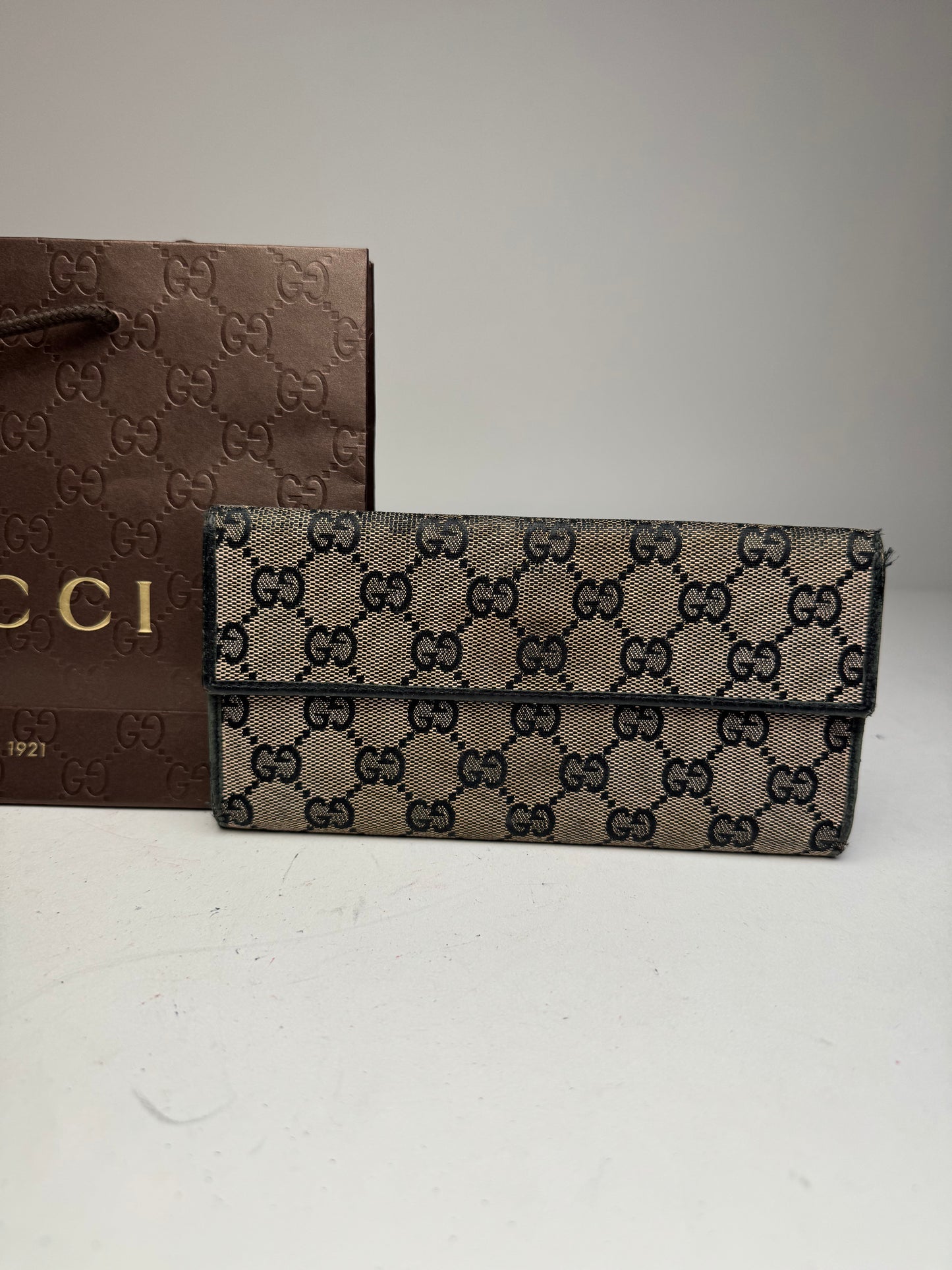 Vintage Gucci Monogram Leather Bamboo Wallet Grey Black