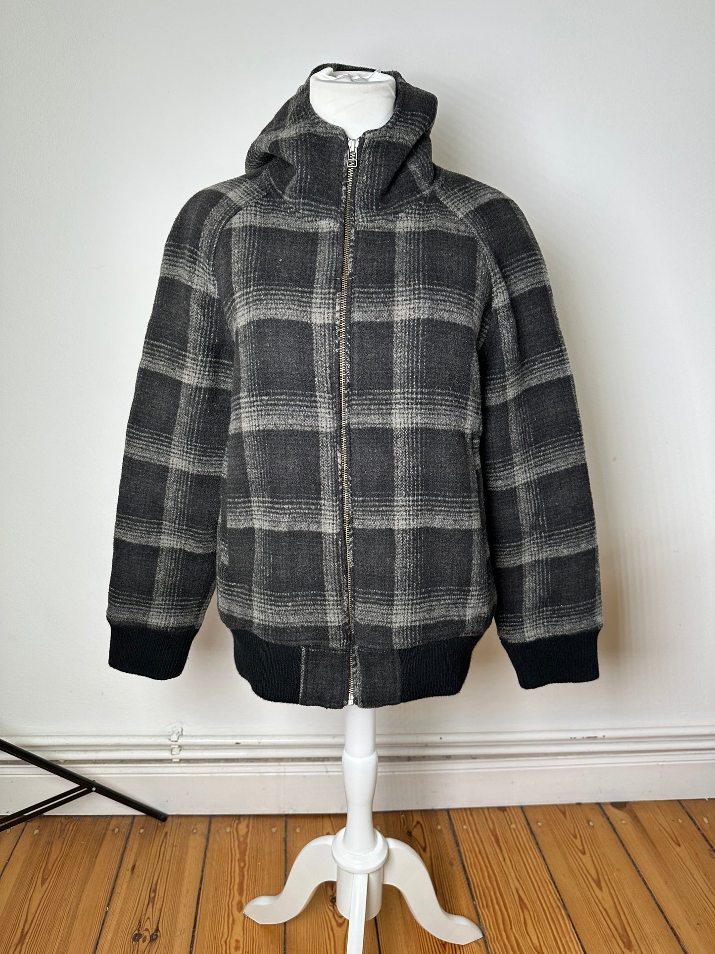 Vintage Kansai Yamamoto Plaid Wool Hooded Jacket Black Grey M