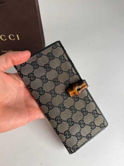 Vintage Gucci Monogram Leather Bamboo Wallet Grey Black