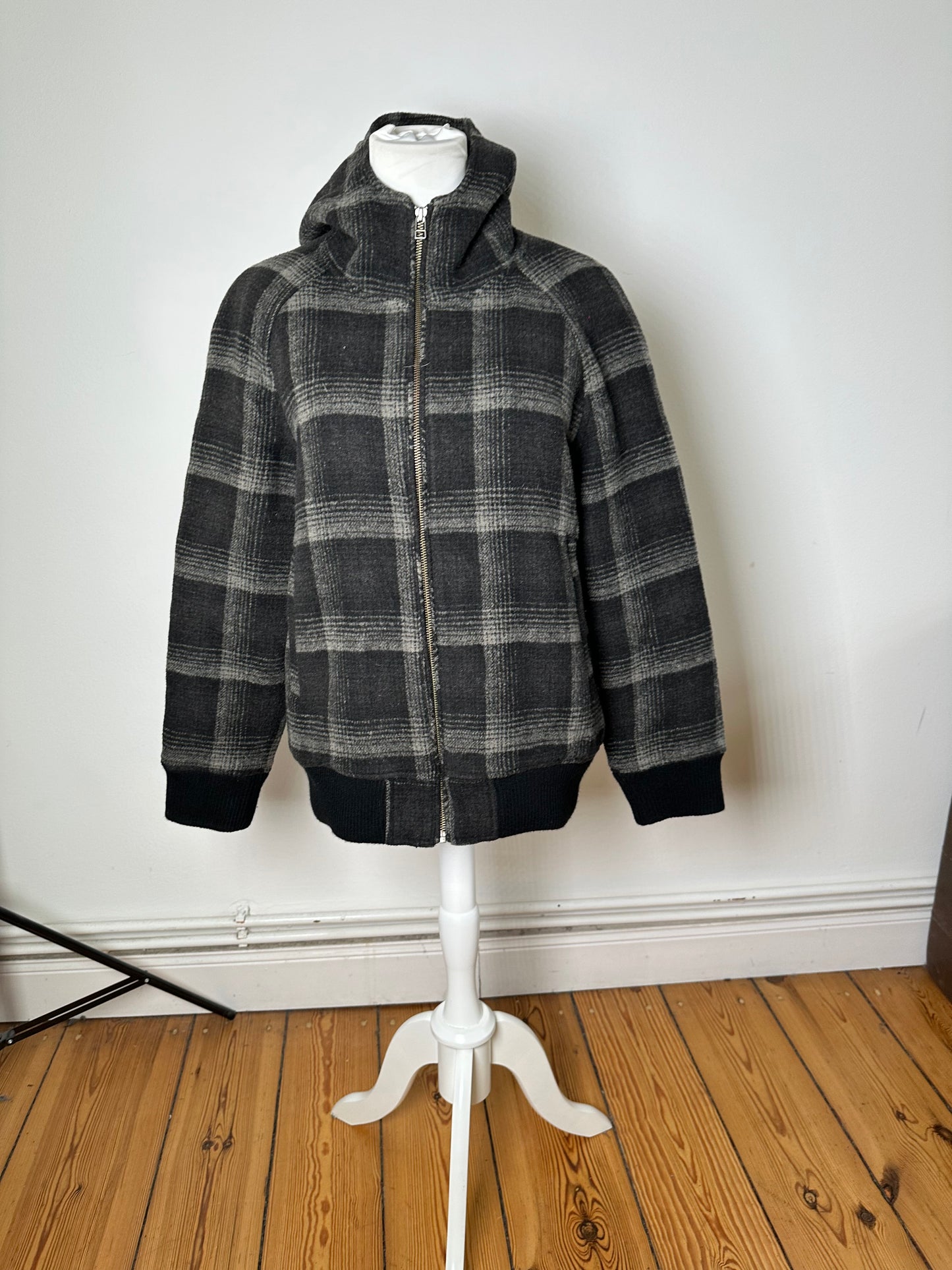 Vintage Kansai Yamamoto Plaid Wool Hooded Jacket Black Grey M
