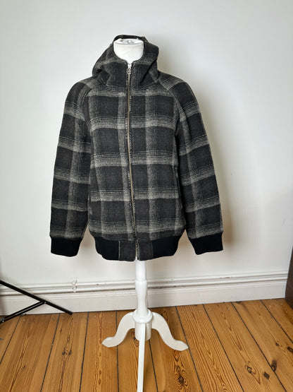 Vintage Kansai Yamamoto Plaid Wool Hooded Jacket Black Grey M
