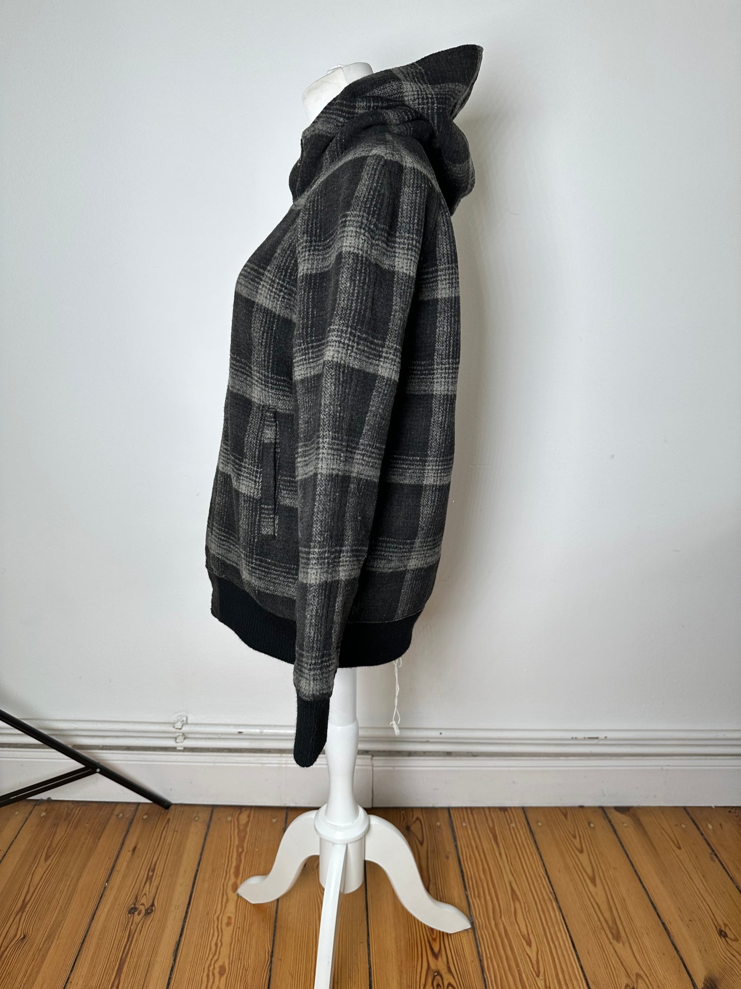 Vintage Kansai Yamamoto Plaid Wool Hooded Jacket Black Grey M