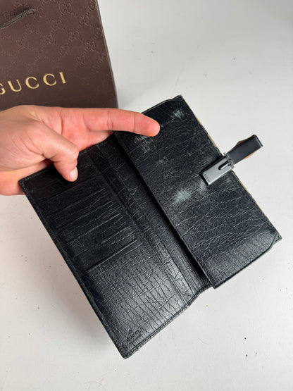 Vintage Gucci Monogram Leather Bamboo Wallet Grey Black