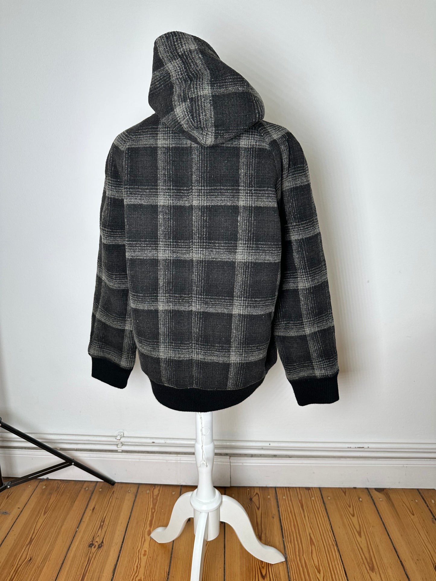 Vintage Kansai Yamamoto Plaid Wool Hooded Jacket Black Grey M