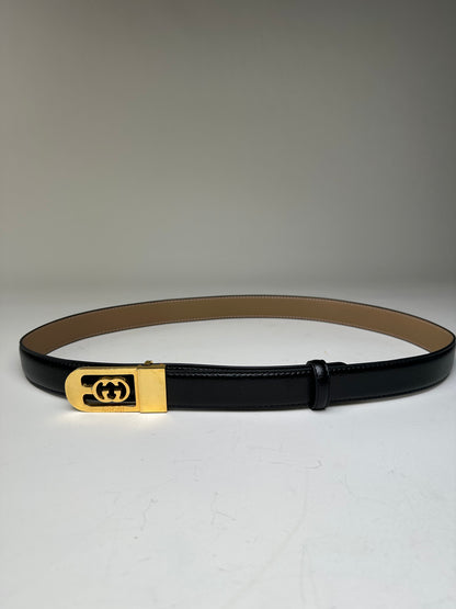 Vintage Gucci GG Logo Leather Belt Black Beige Gold