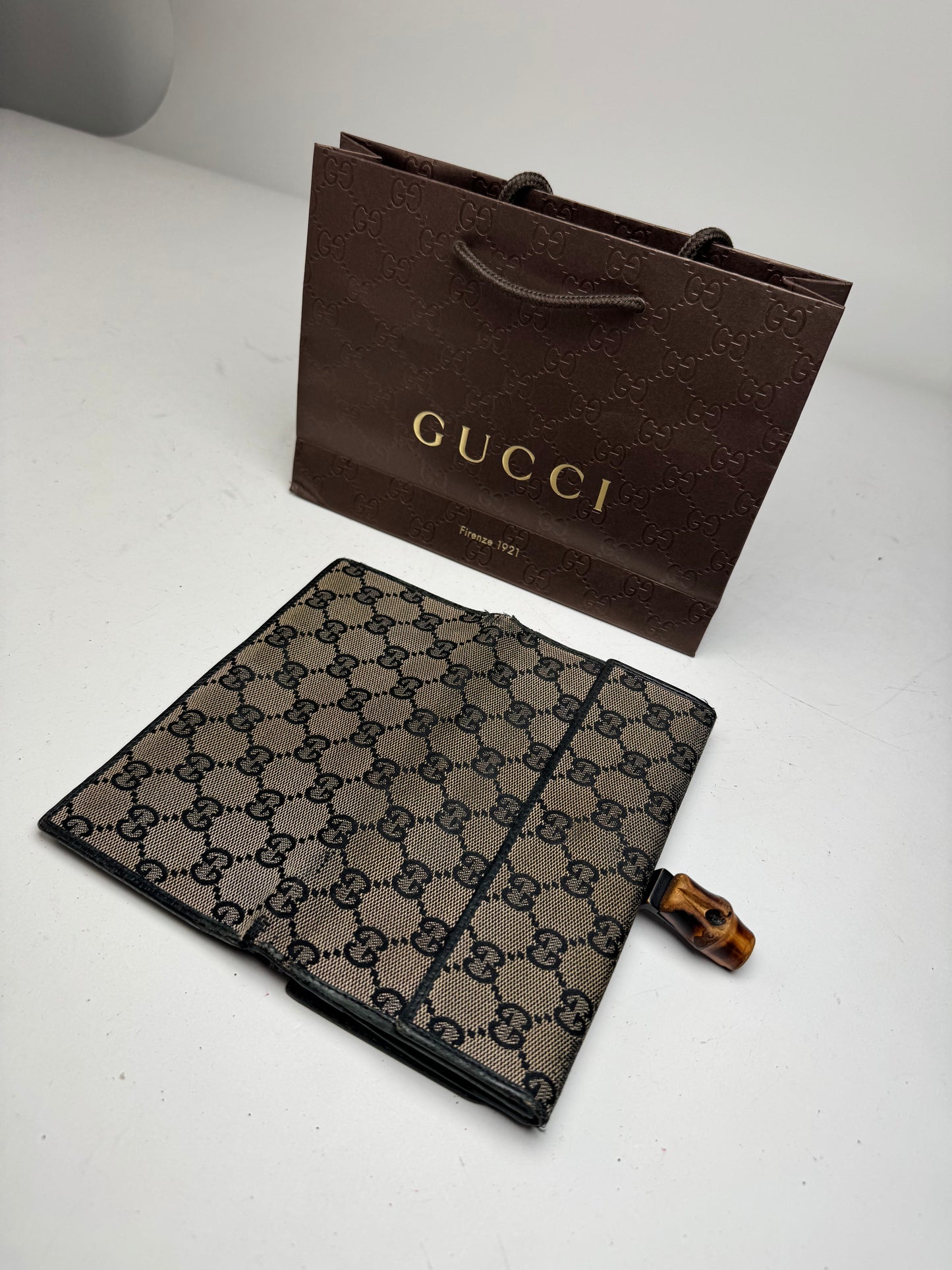 Vintage Gucci Monogram Leather Bamboo Wallet Grey Black
