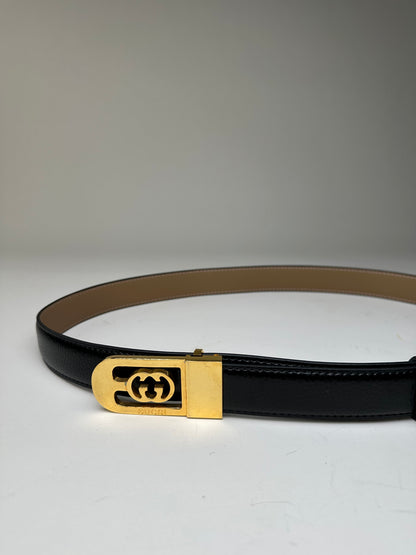 Vintage Gucci GG Logo Leather Belt Black Beige Gold