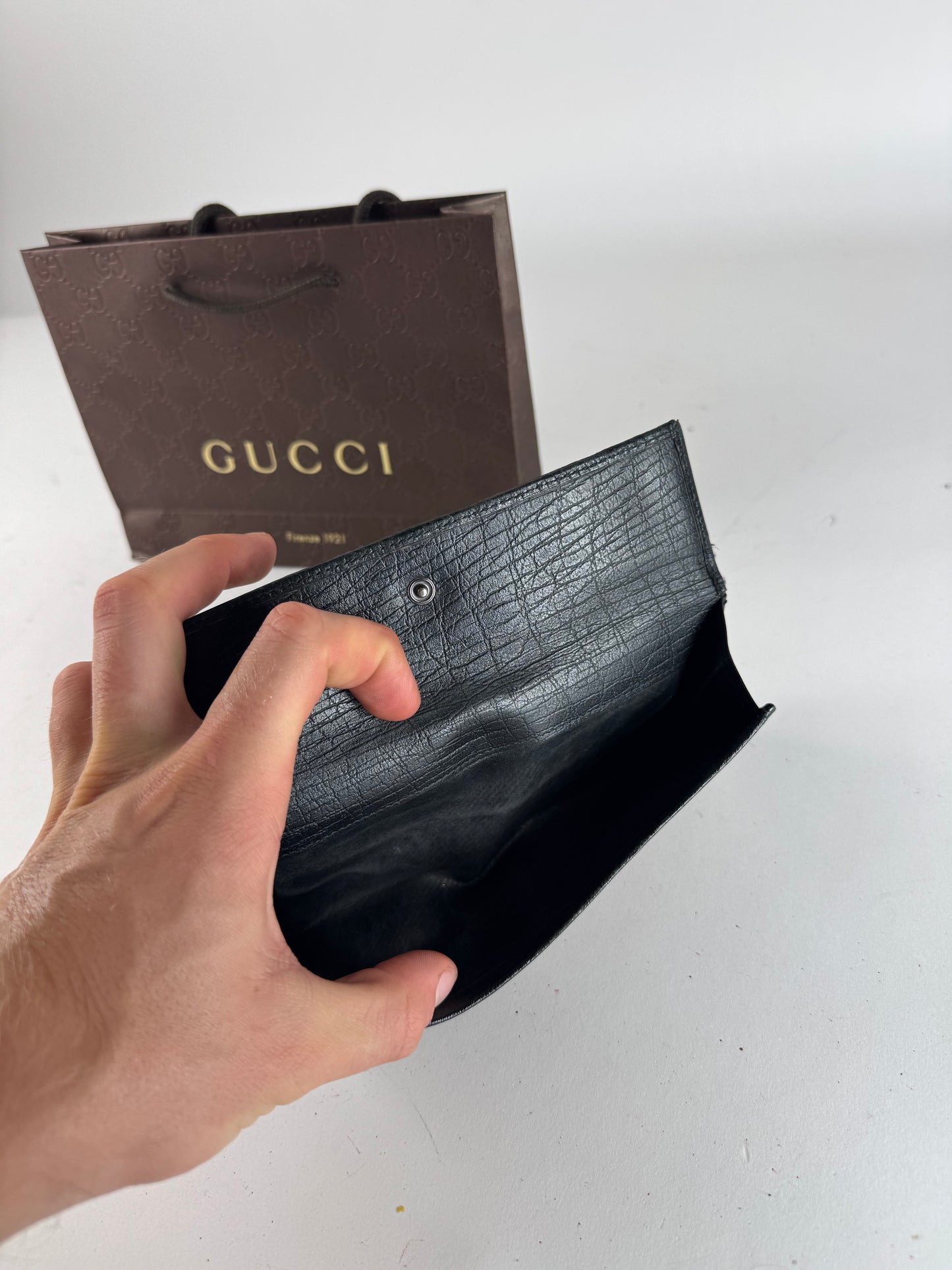 Vintage Gucci Monogram Leather Bamboo Wallet Grey Black