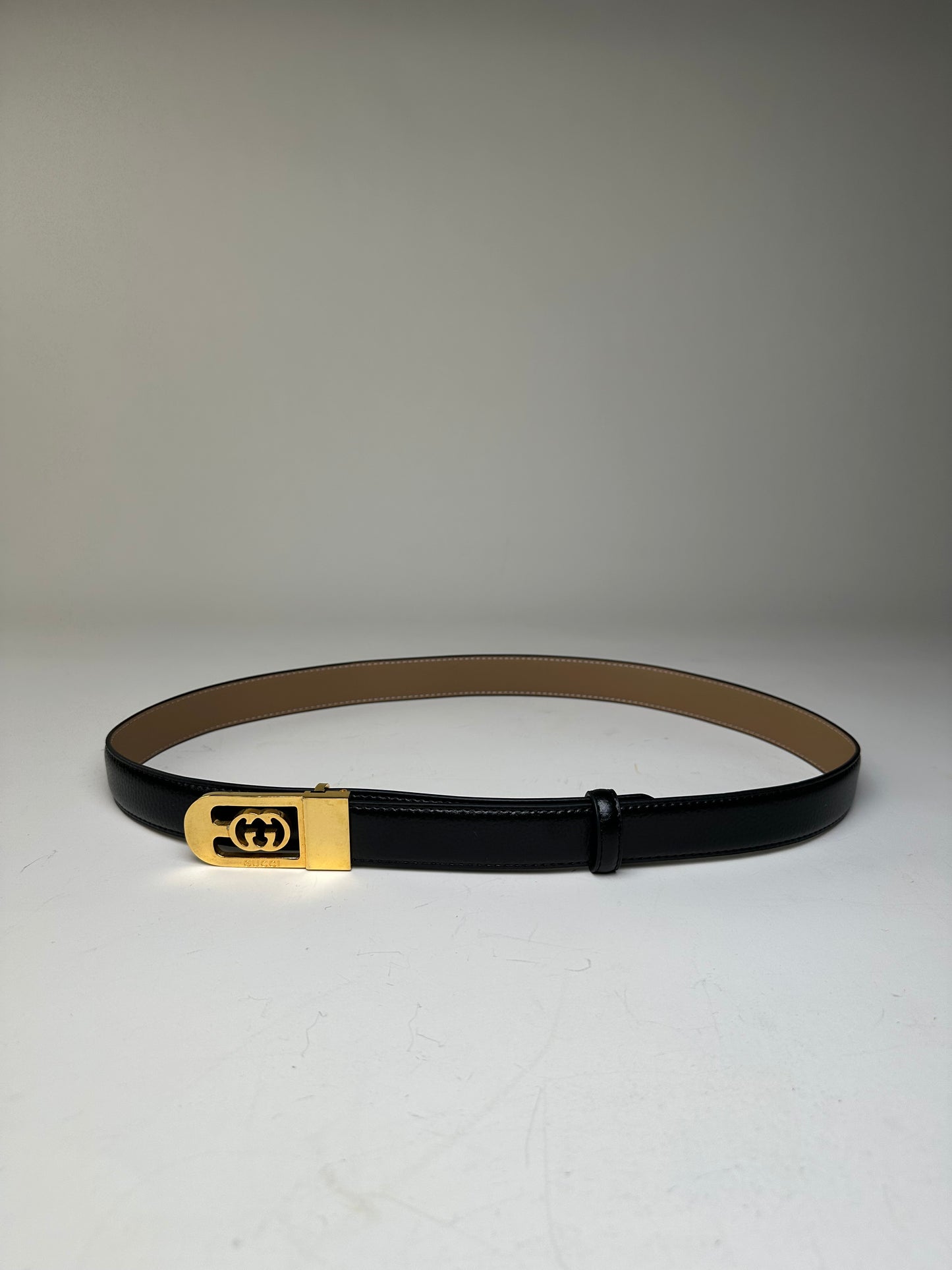 Vintage Gucci GG Logo Leather Belt Black Beige Gold
